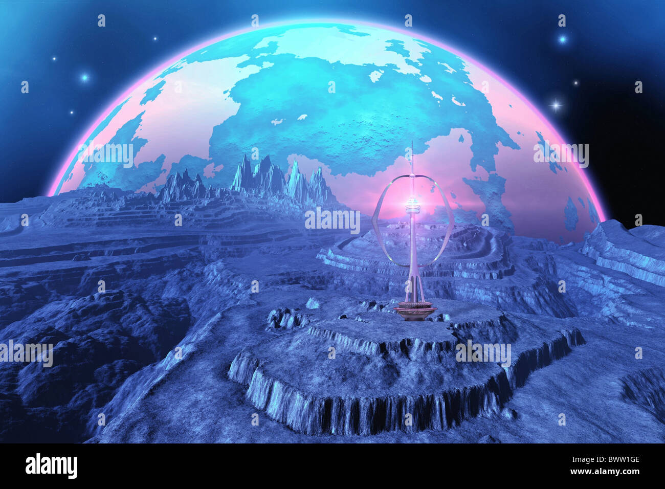 Elterra - Futuristic life on a moon near a large nearby planet. Stock Photo