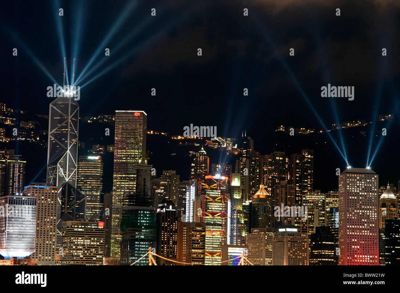 Laser show over Hong Kong, China at night. Stock Photo