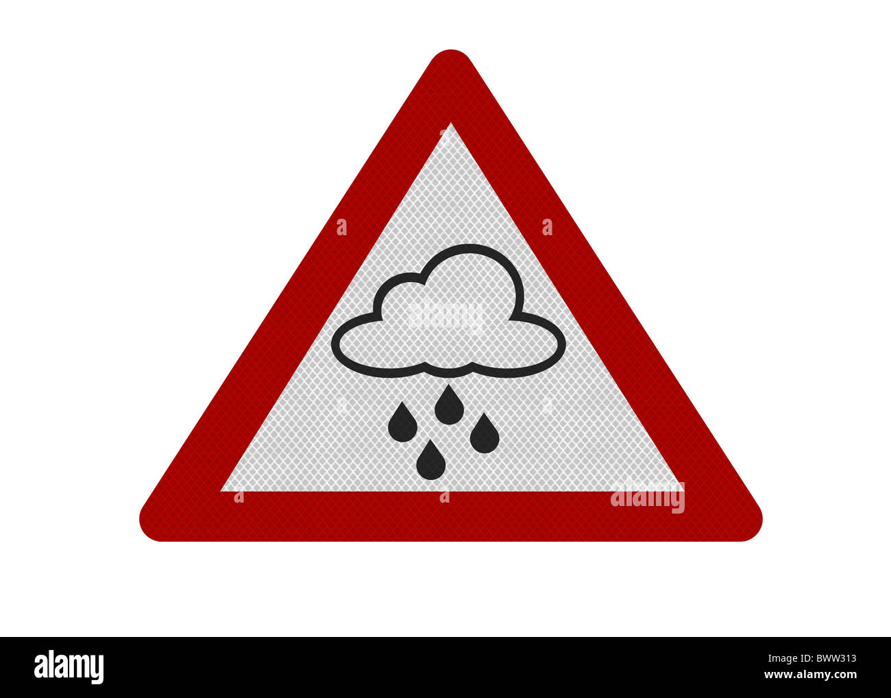 Photo-realistic tourist information-style roadsign, depicting 'rain warning'. Stock Photo