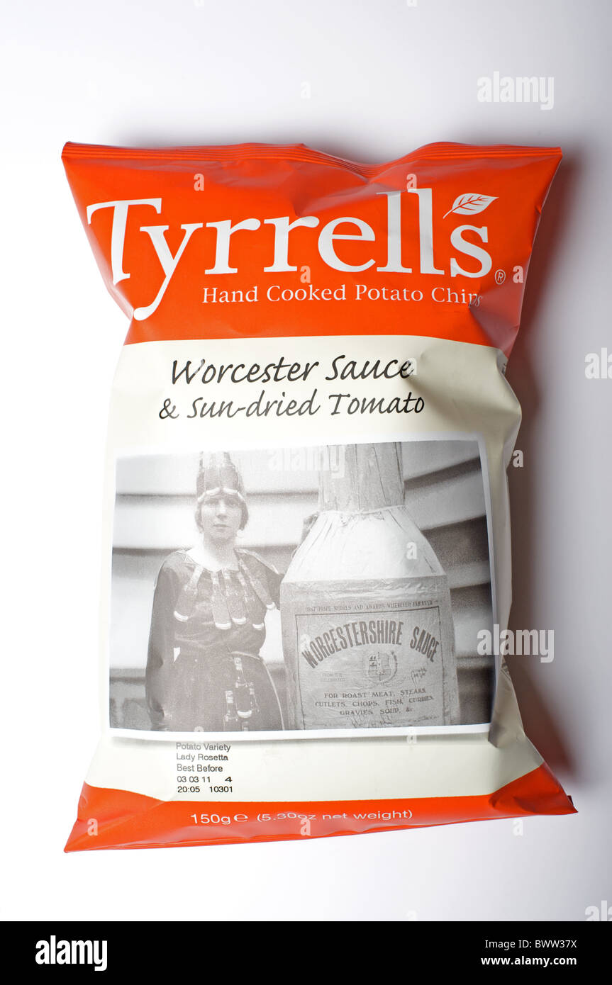 Tyrrells hand cooked Worcester sauce & sun-dried tomato flavored chips Stock Photo