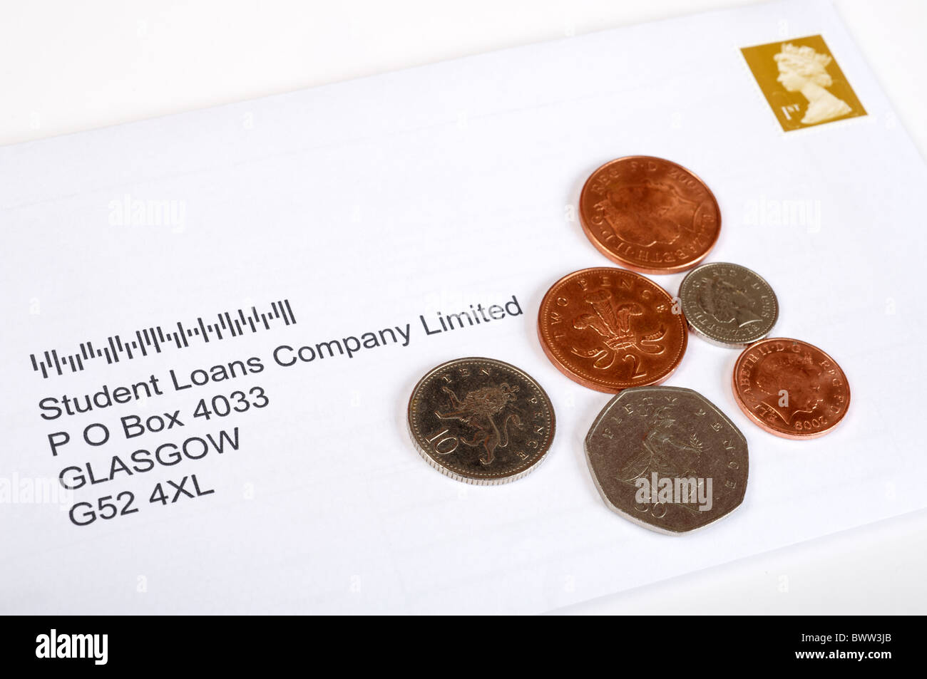 Letter with coins addressed to the Student Loans Company Stock Photo