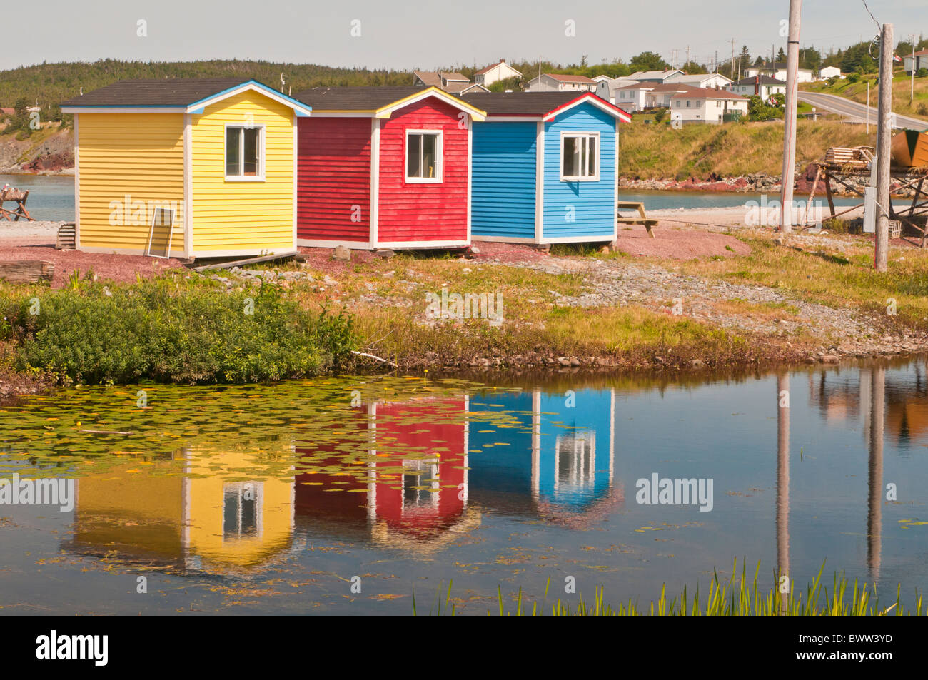 Colorful beach huts reflected in a pond, Cavendish, Trinity Bay, Avalon