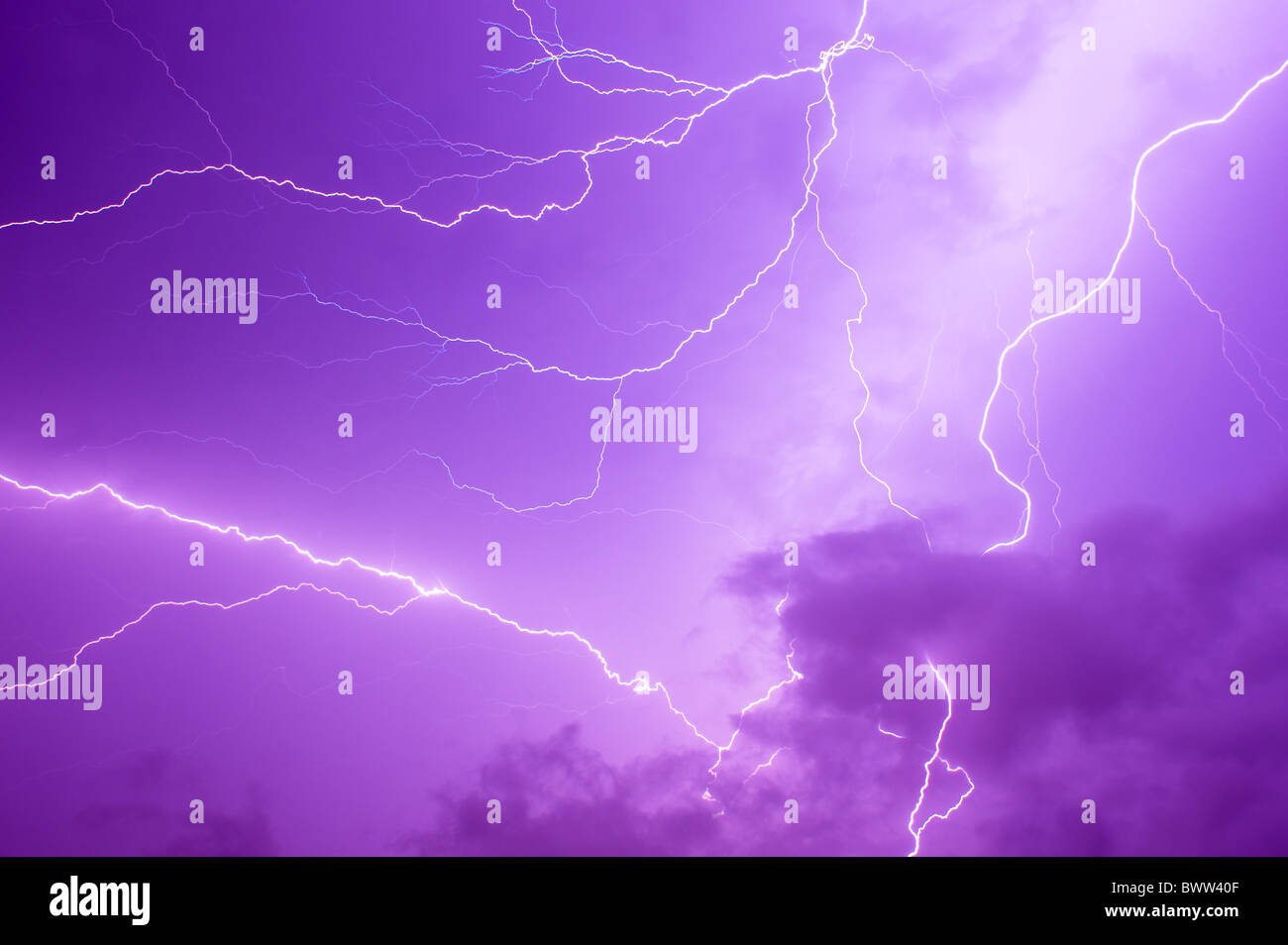 Thunder storm and power Lightning over sky . Stock Photo