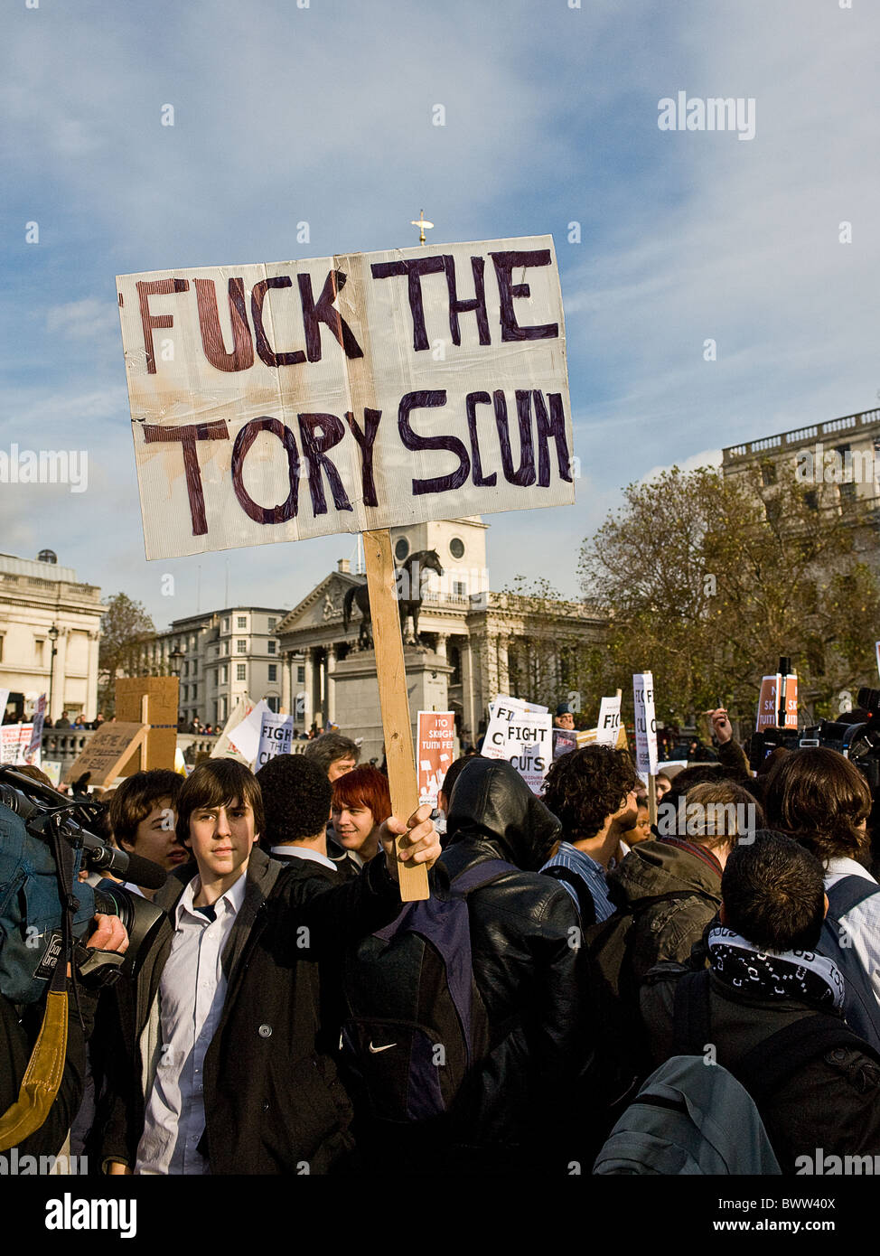 A placard held by a student demonstrating against education cuts. Stock Photo