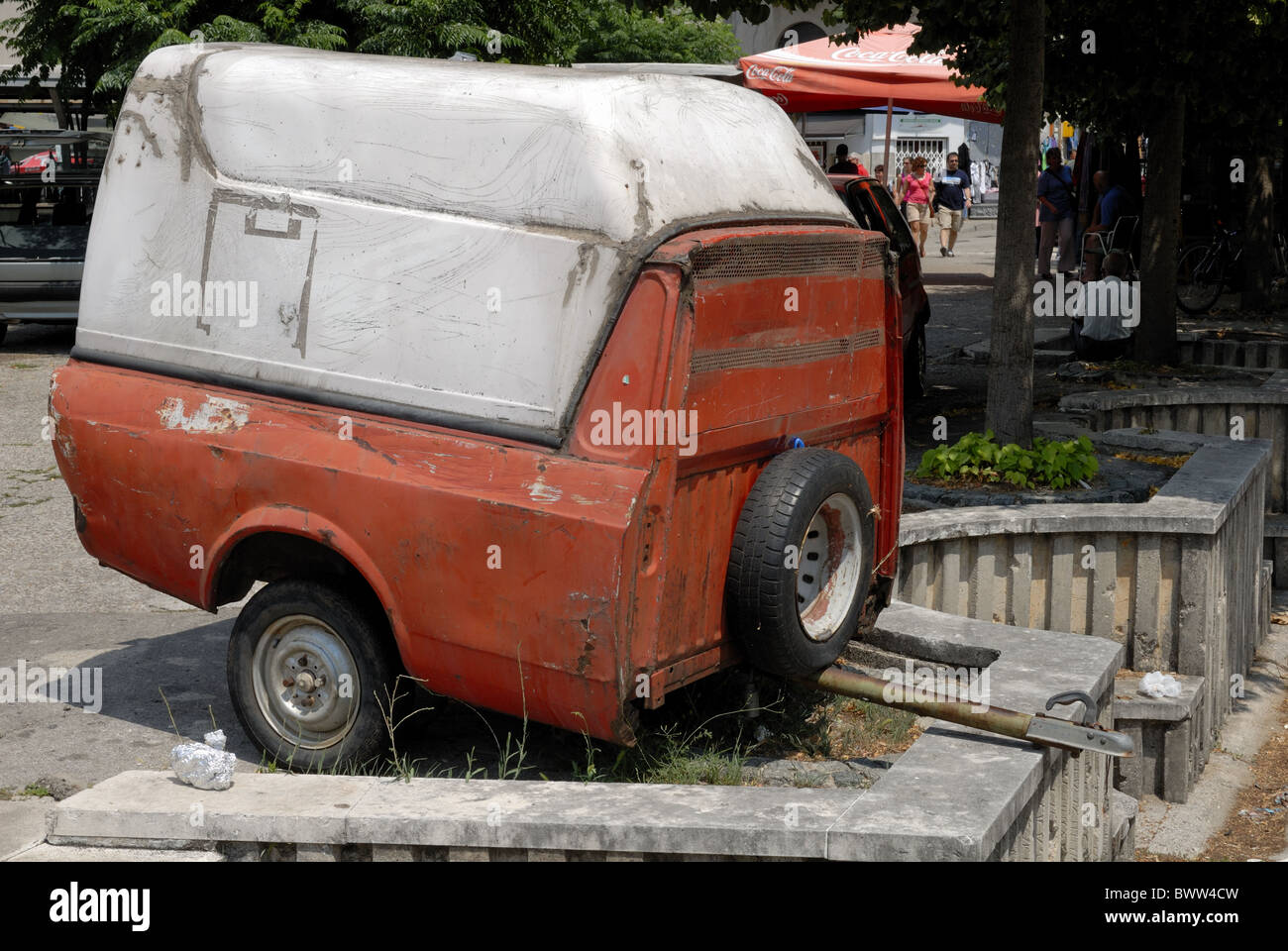 A real life recycling. An old pickup car have a second life as a trailer. TRG 1. Maj, Mostar Town, Herzegovina - Neretva Canton, Stock Photo