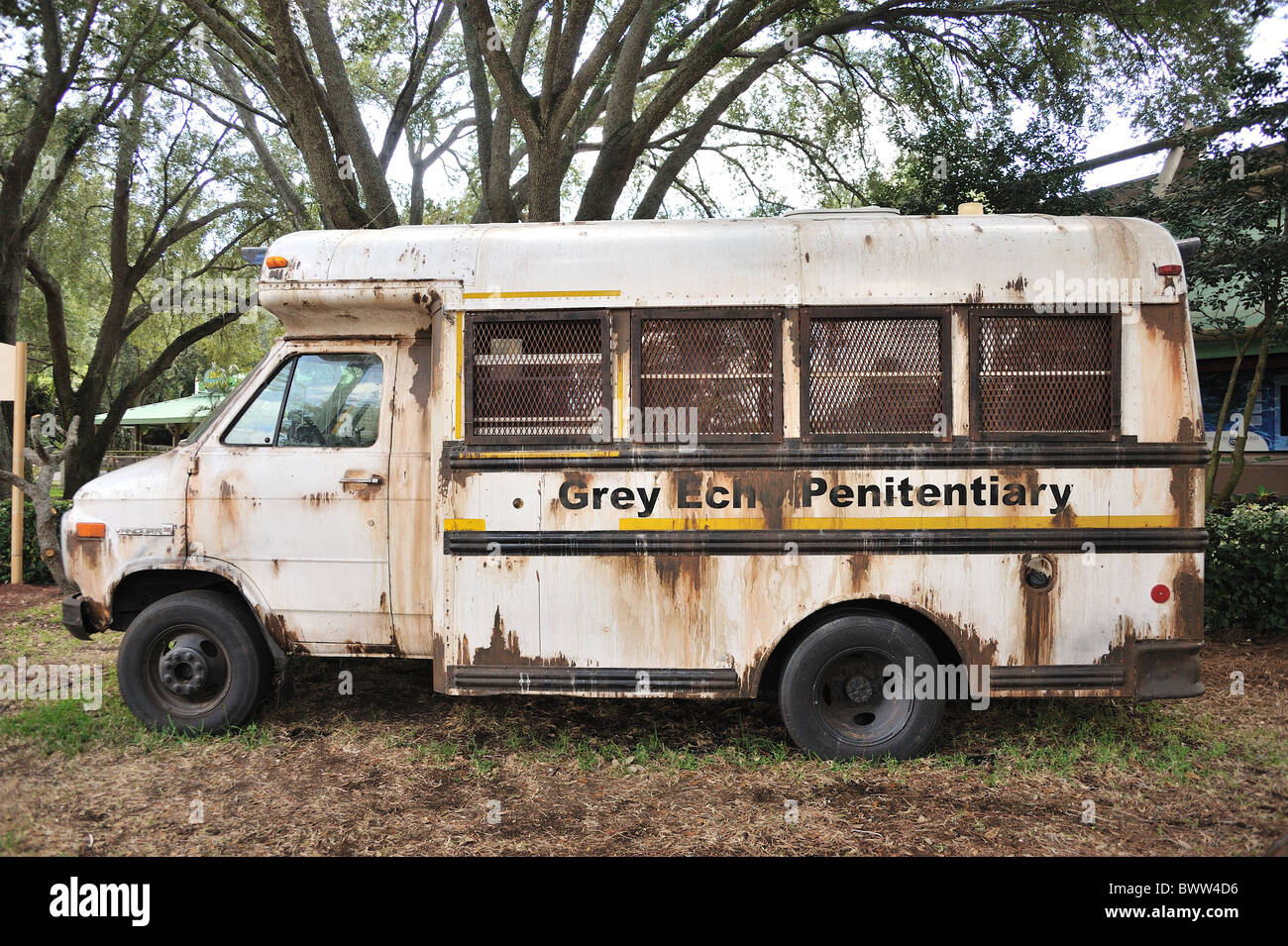 Old Penitentiary bus Busch Gardens Florida Stock Photo
