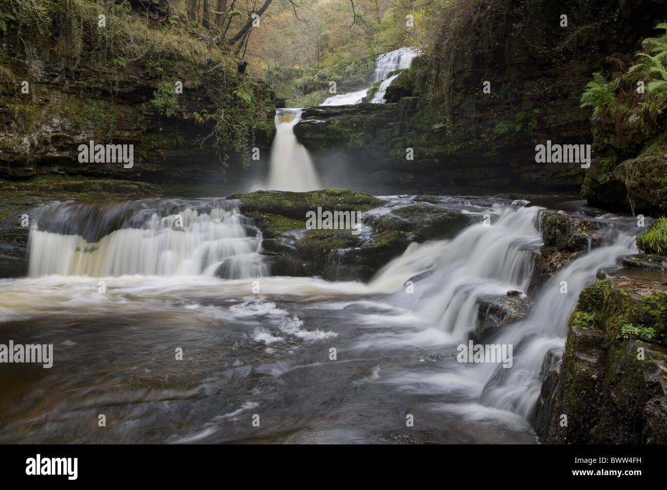 View of waterfall, Lower Clungwyn Falls (Sgwd Clungwyn), River Mellte, near Pontneddfechan, Brecon Beacons N.P., Powys, Wales, Stock Photo