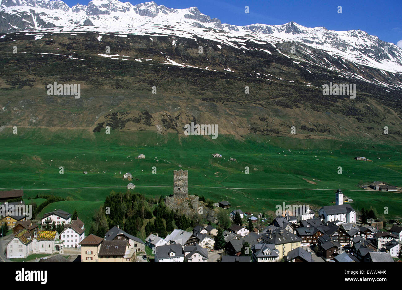 Switzerland Europe Canton Uri Hospental village houses homes church