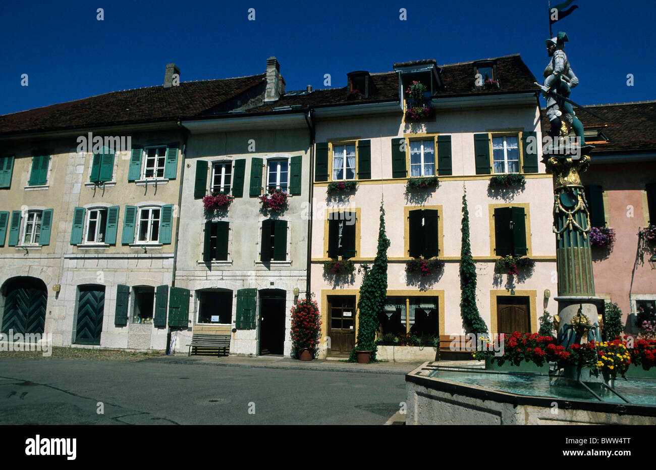 Switzerland Europe Canton Neuchatel Le Landeron Old Town houses homes