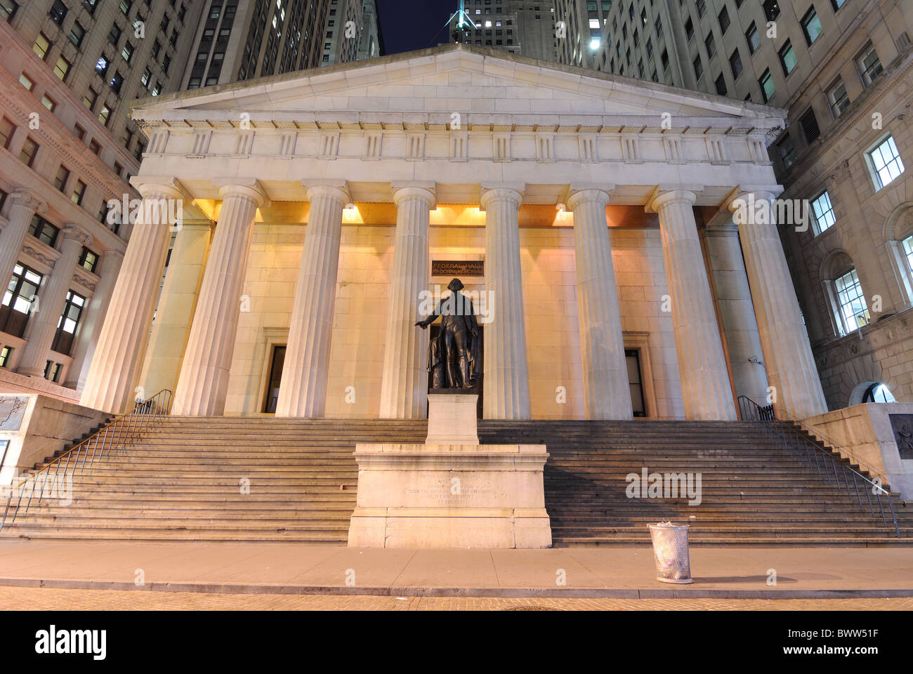 Federal Hall at night, the first capitol of the United States of America and site of Washington's inauguration. Stock Photo