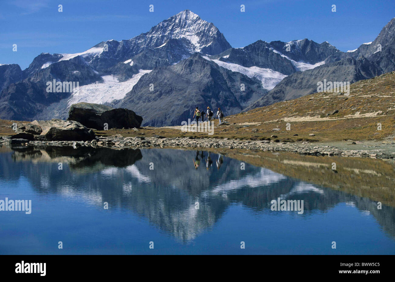 Switzerland Europe Canton Valais Matter valley Matterhorn Lake Riffel mountain lake water reflections travell Stock Photo