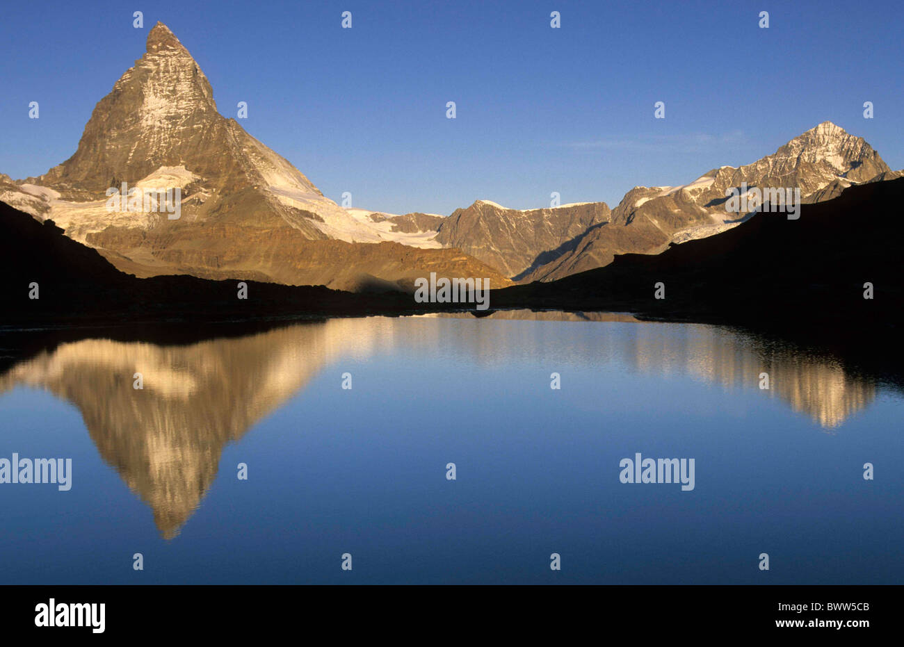 Switzerland Europe Canton Valais Matter valley Matterhorn Lake Riffel mountain lake water reflections mountai Stock Photo