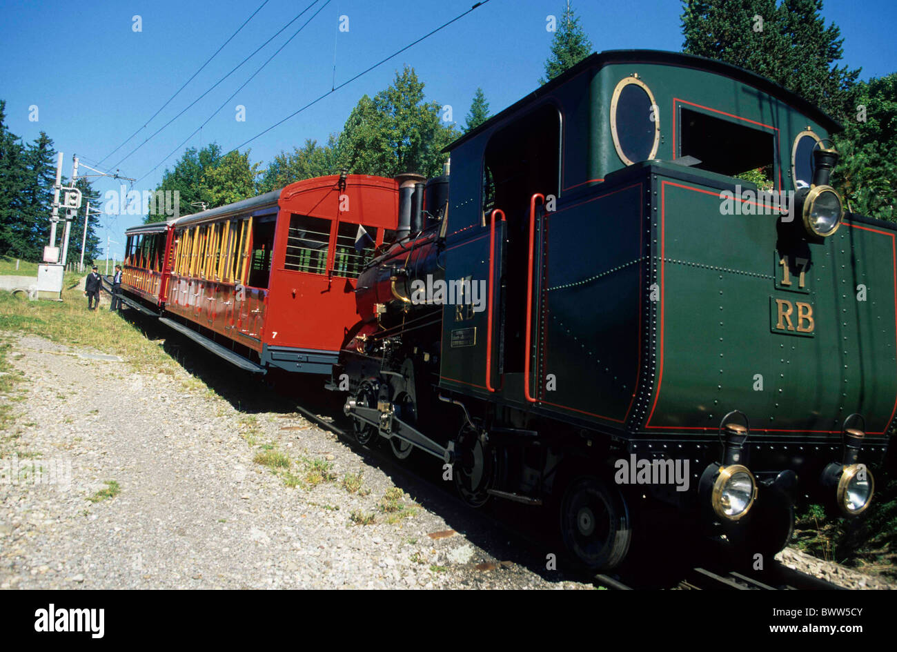 Switzerland Europe Canton Schwyz Rigi-Staffel rack-railway railroad to Rigi mountain road steam locomotive tou Stock Photo