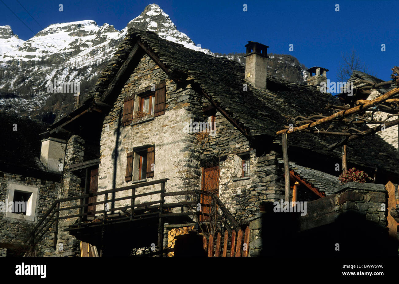 Switzerland Europe Sonogno village Canton Ticino Valley of Verzasca house home mountains mountain alps alpin Stock Photo