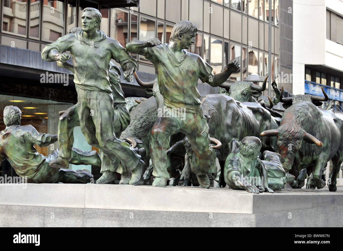 Running of the Bulls statue, Pamplona, Navarre, Spain Stock Photo