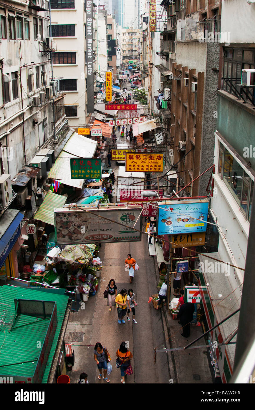 Gage Street Market in Hong Kong city, fresh produce include meat, fish, poultry. View from above looking down Stock Photo