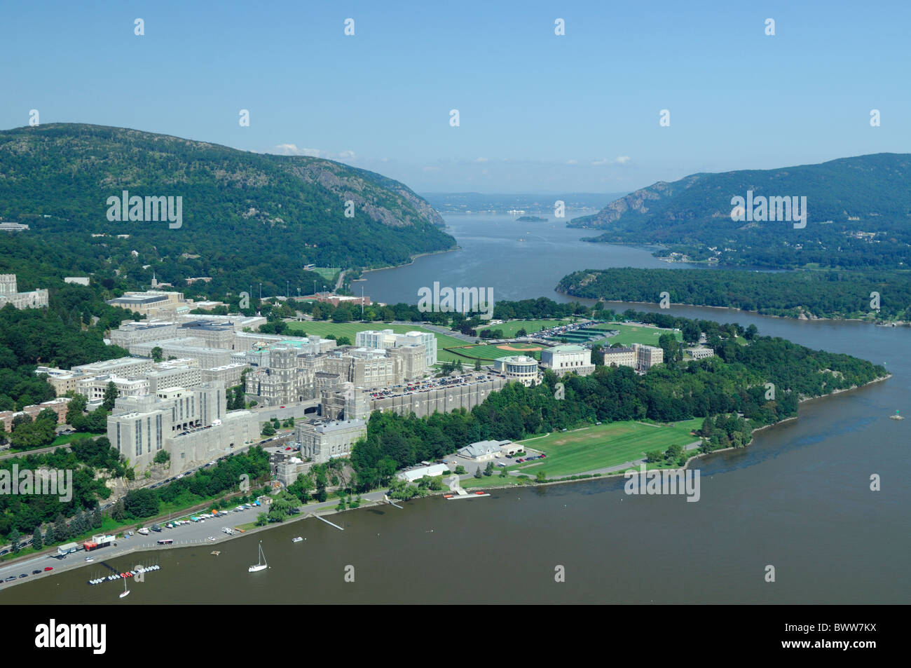 Aerial view of United States Military Academy buildings of West Point on riverside of Hudson river, New York state, Usa Stock Photo