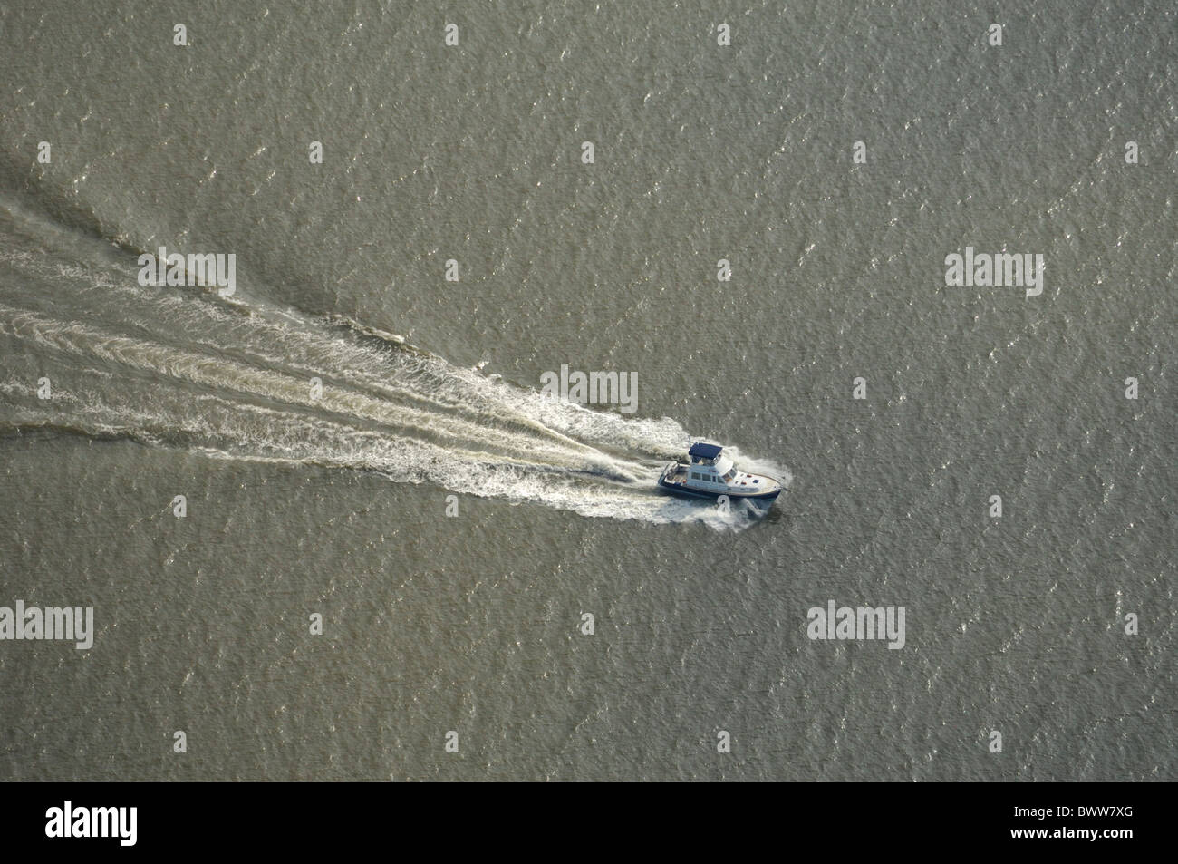 Aerial view of small boat navigating on Hudson river, New York state, Usa Stock Photo
