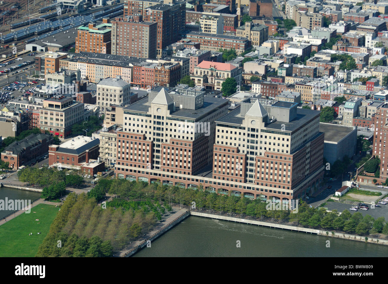 Aerial view of Hoboken town, Sinatra Drive and Pier A park on Hudson