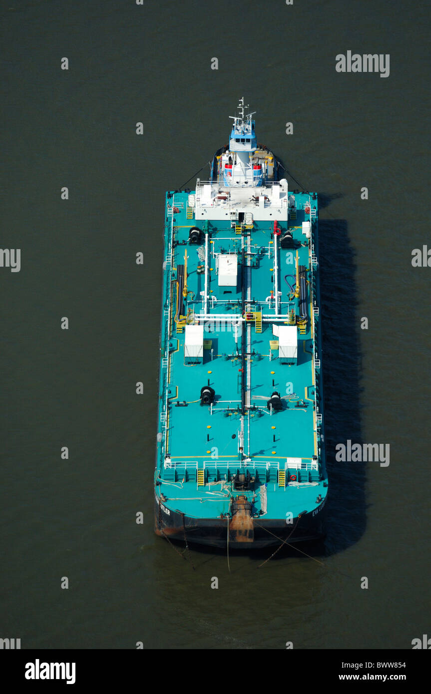 Aerial view of tank barge pushed by a boat on Hudson river, New York state, Usa Stock Photo