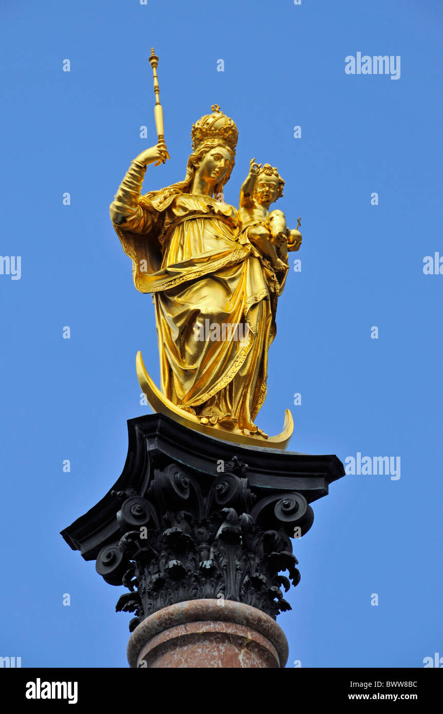 Germany Europe Munich Marienplatz Bavarian Europe Virgin Mary Mariensaule Golden Statue Skulptur Stock Photo