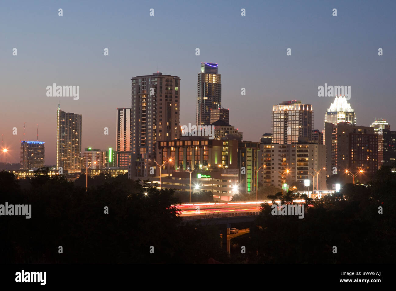 Skyline of downtown Austin, Texas, with new skyscrapers shows growth of city during economic downturn in other parts of the USA Stock Photo