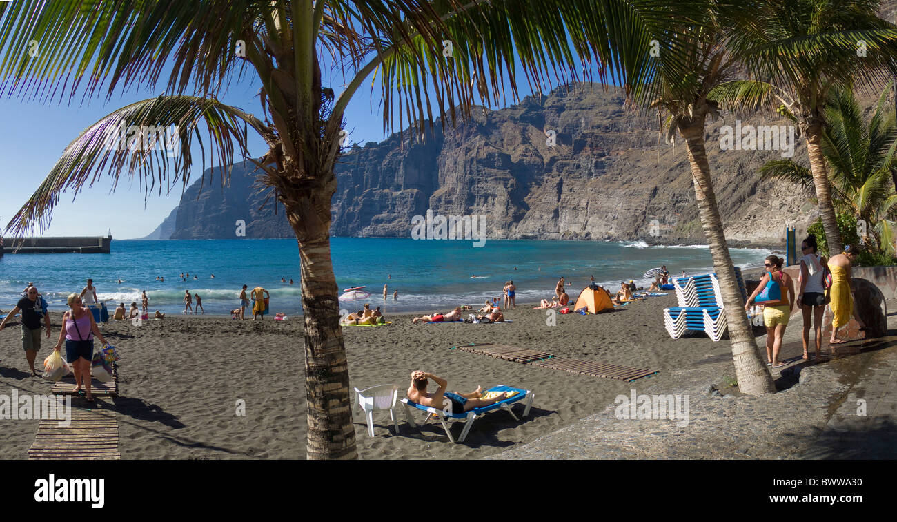 Spain Europe Tenerife Black beach Los Gigantes Canary islands Landscape scenery nature Water Spring Mountai Stock Photo