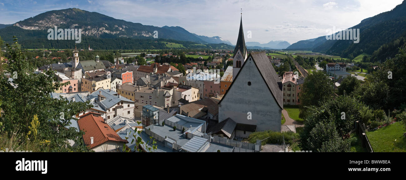 Austria Europe Rattenberg Tirol small town church valley Inn river landscape alps mountains Stock Photo