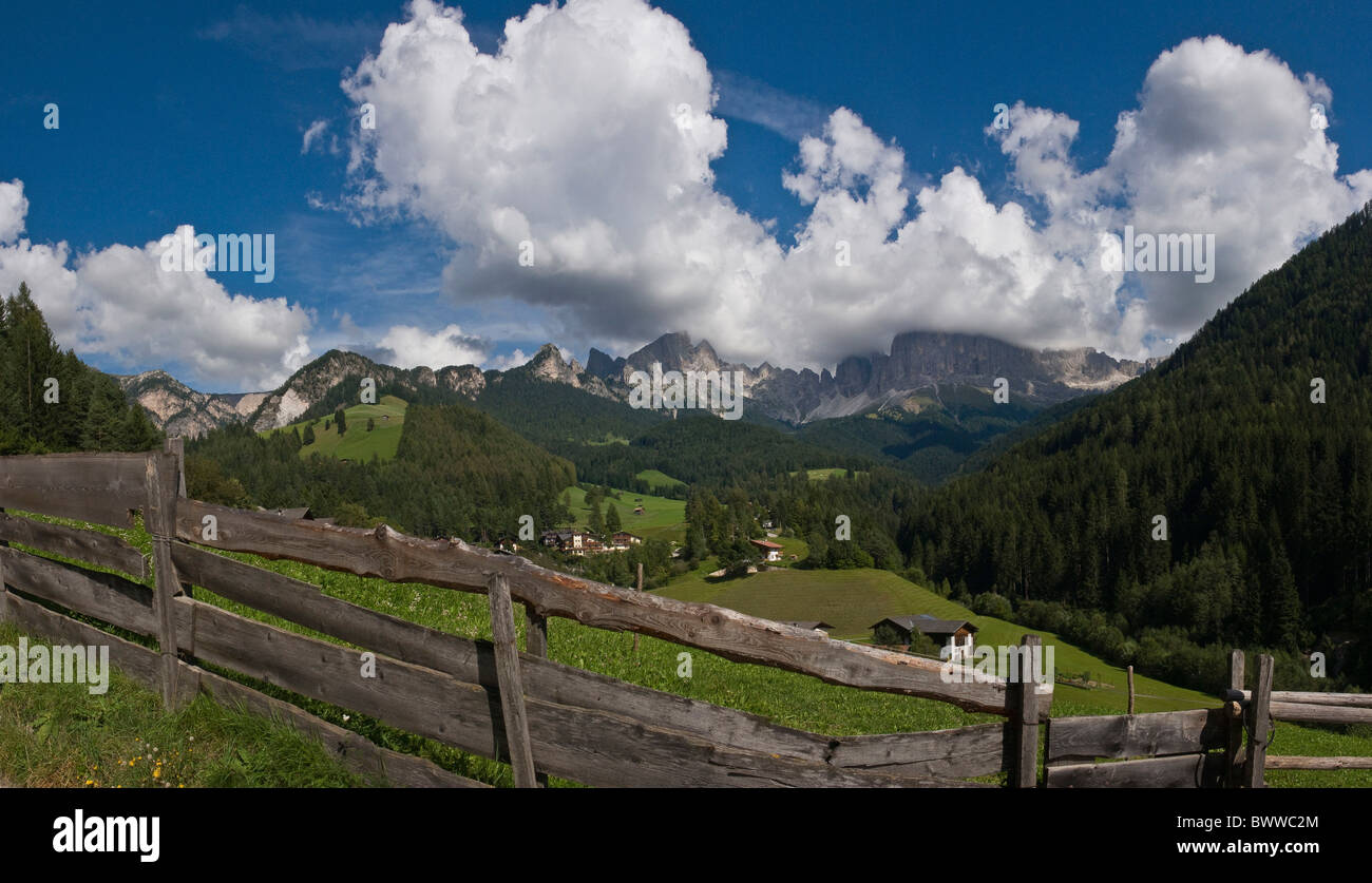 Italy Europe St. Cyprian town Tiers South Tyrol South Tirol Alto Adige fence meadow Rosengarten Dolomites Stock Photo