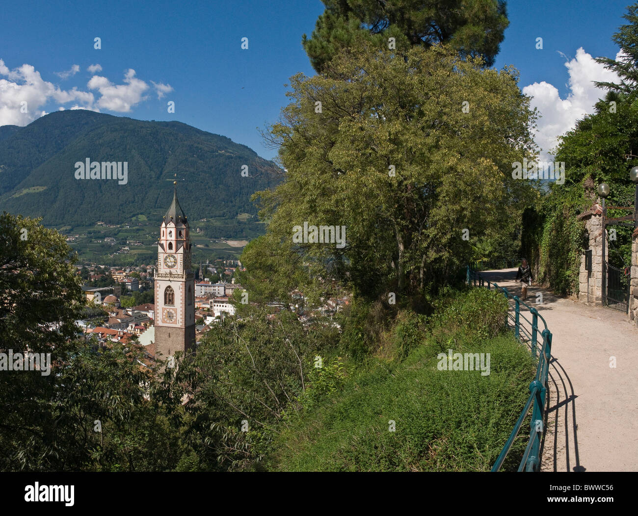 Italy Europe St. Nikolaus church Meran Merano city South Tyrol South Tirol Alto Adige summer mountains alps Stock Photo