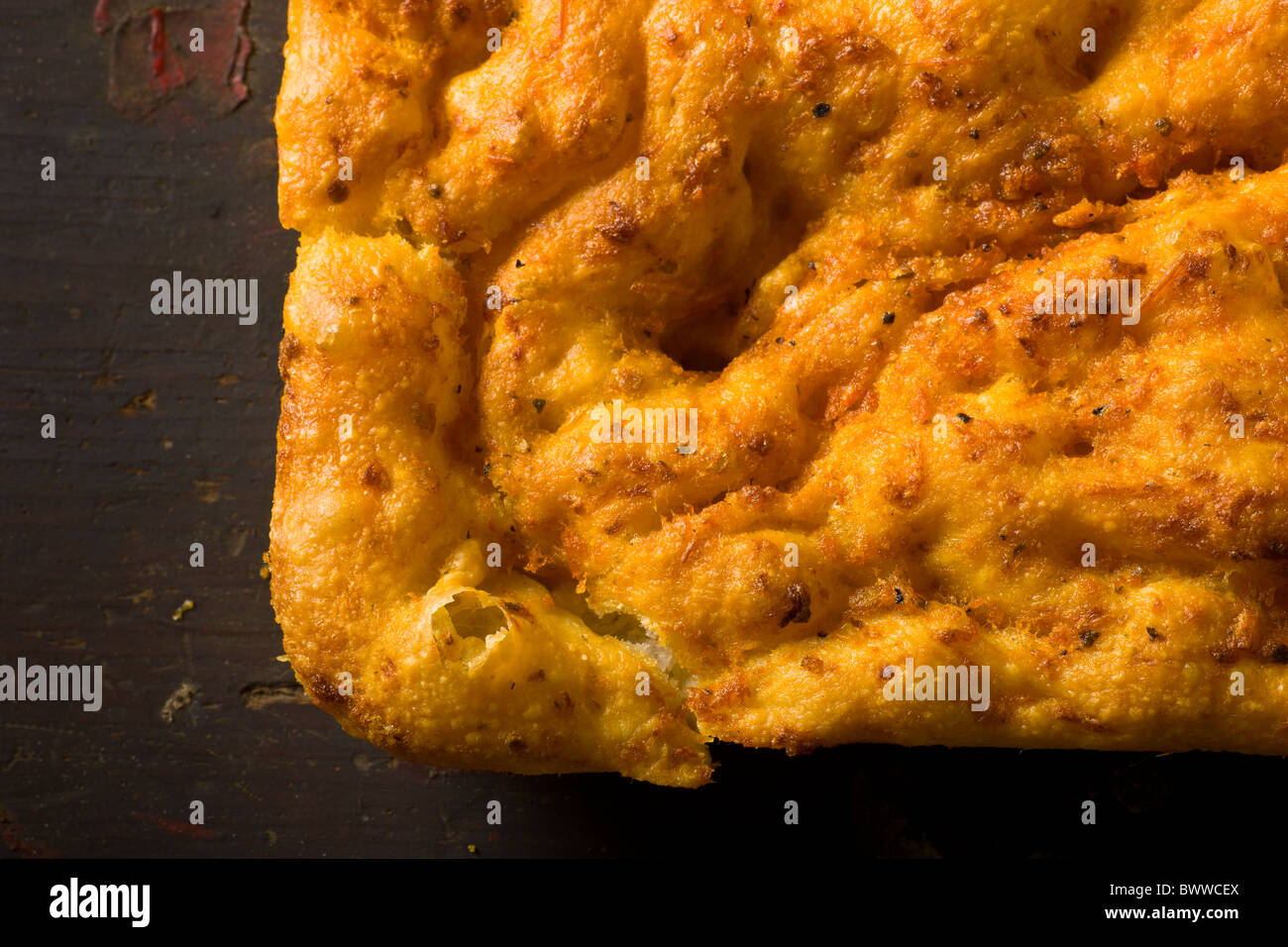 Artisanal Focaccia lightly brushed with Tomatoes Stock Photo