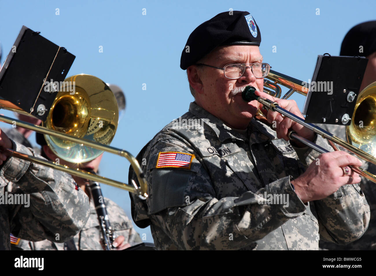 An army band walking in the Milwaukee Veterans Day Parade Stock Photo
