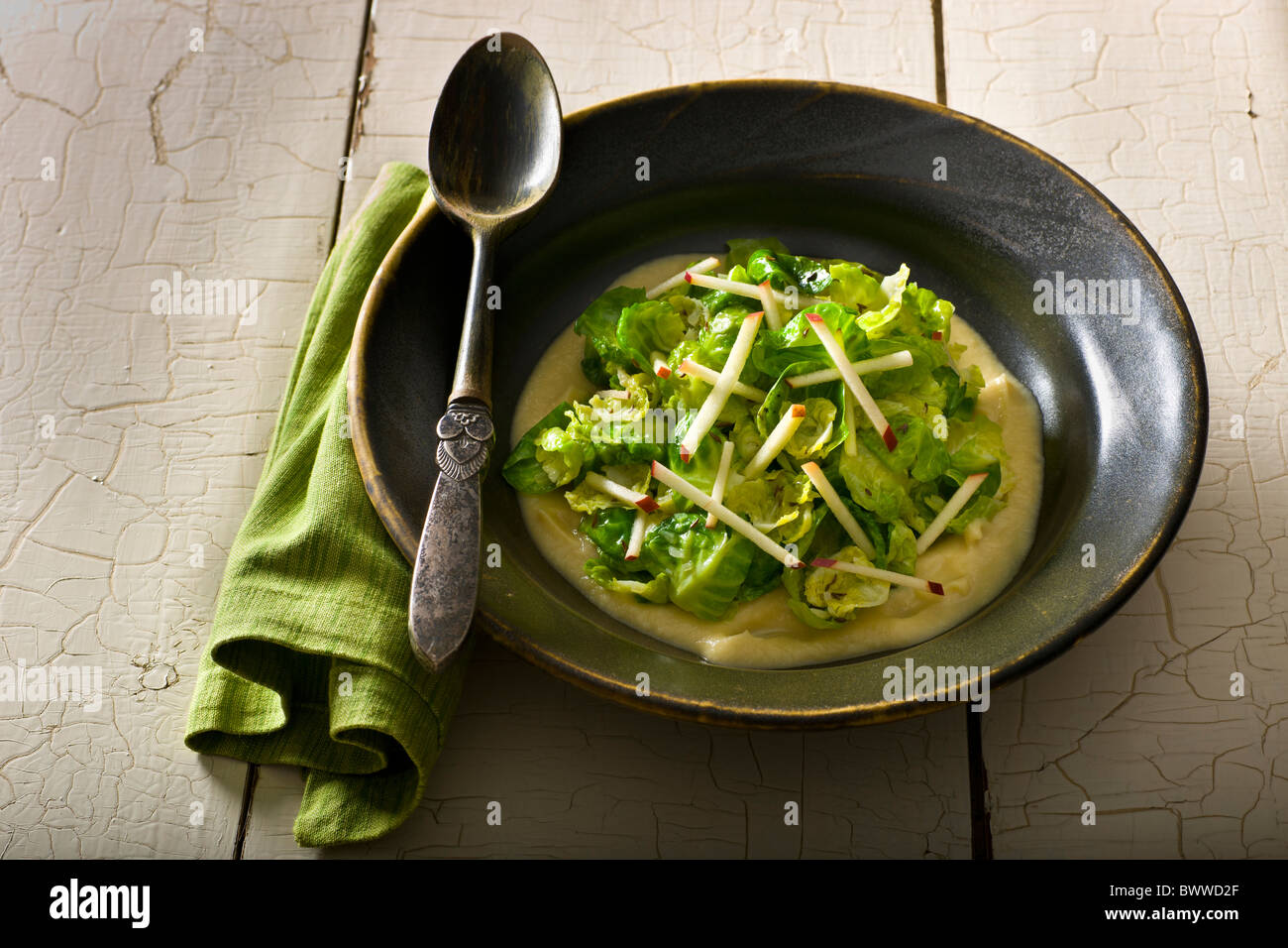 Sautéed Brussel Sprouts leaves with Apple-Mustrad sauce. Stock Photo
