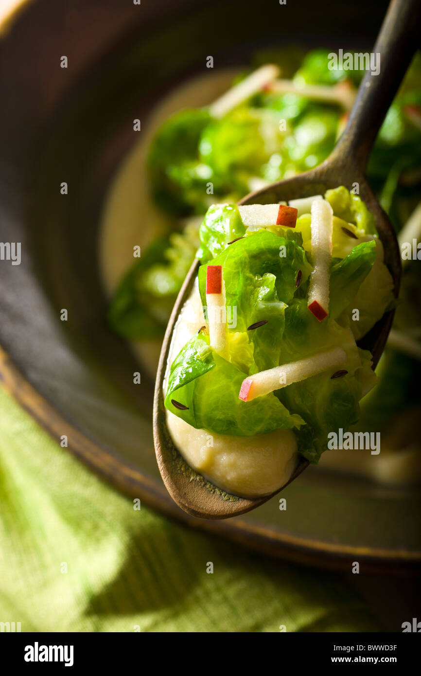 Sautéed Brussel Sprouts leaves with Apple-Mustrad sauce. Stock Photo