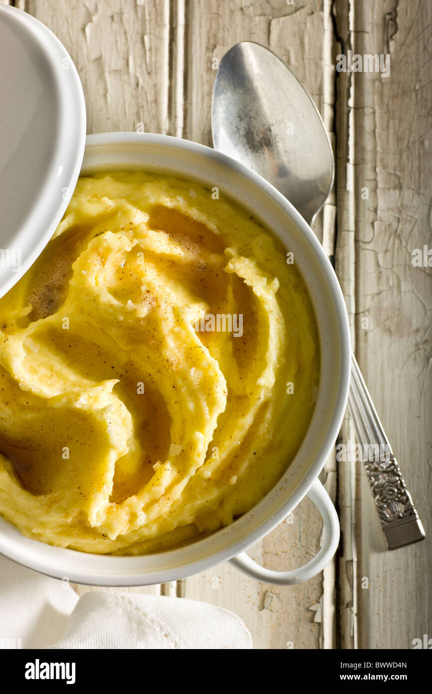 Potato Purée with garnished with grated Nutmeg, Fleur de Sel and Brown Butter. Stock Photo