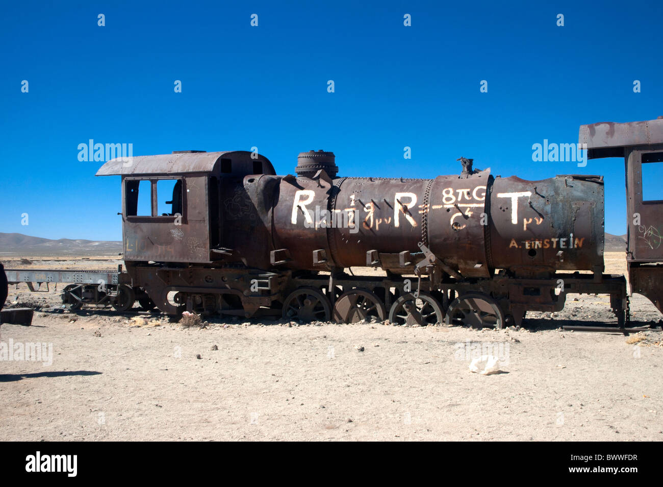 An old steam engine at the Cementterio de Trenes, train cemetery of trains, at Uyuni, Bolivia. Stock Photo