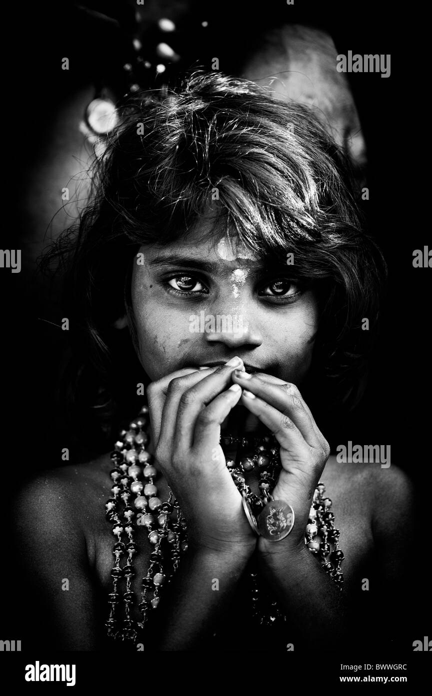 Indian girl on Ayappa pilgrimage. Andhra Pradesh, India. Monochrome Stock Photo