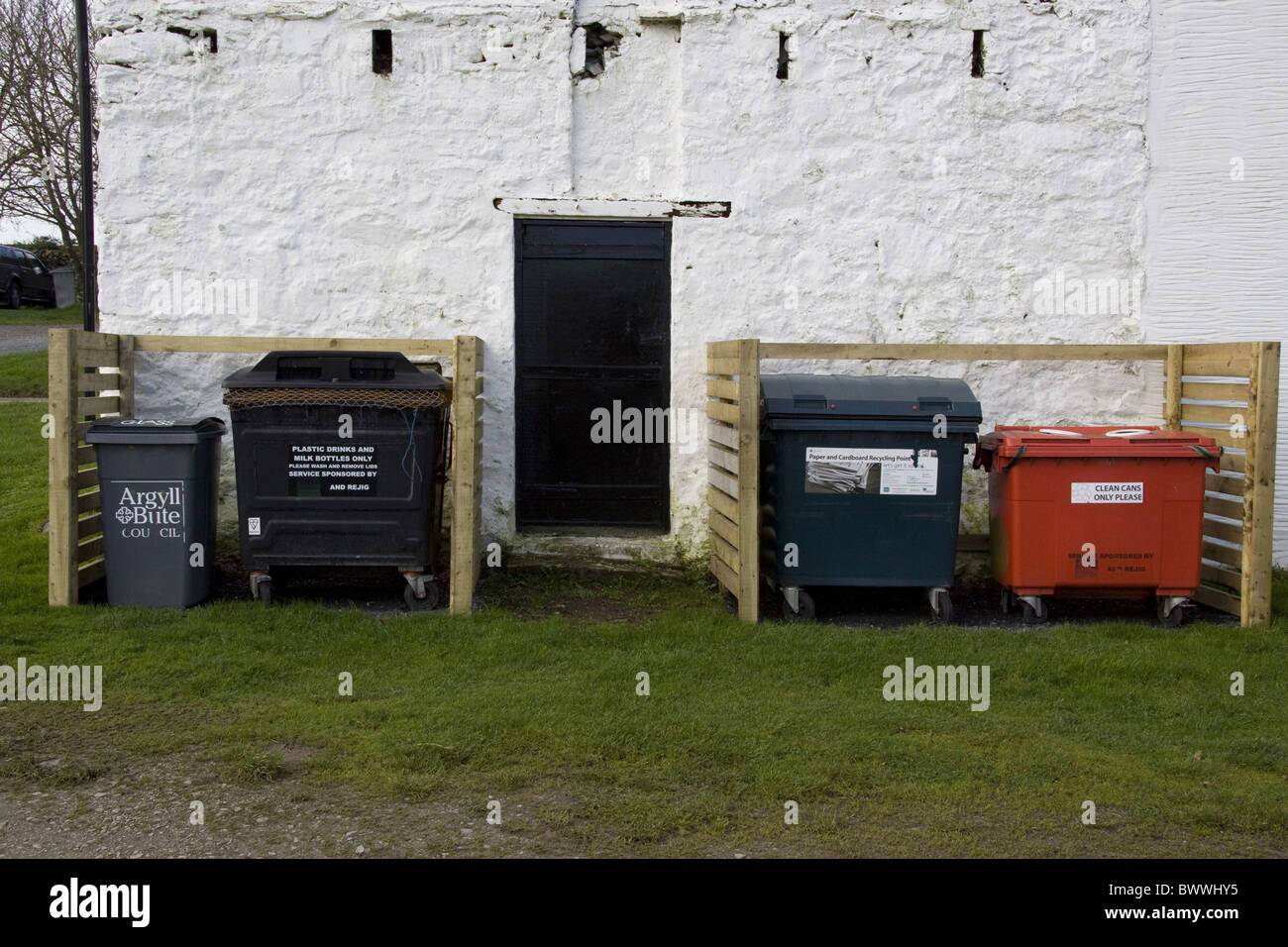 Different types of recycling bins Stock Photo