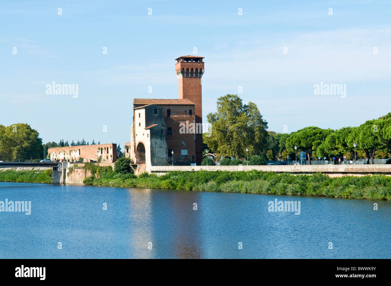 The Tower of the Citadel and Arno River, Pisa, Tuscany, Italy, Europe Stock Photo