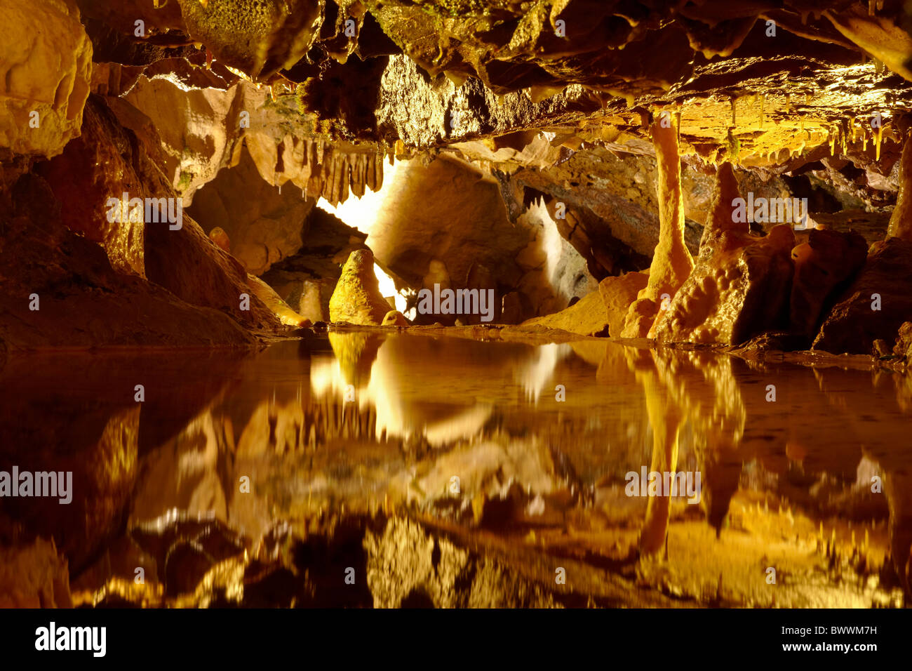 Stalactites and stalagmites reflected in pool, Gough's Cave, Cheddar Caves, Somerset, England, United Kingdom Stock Photo