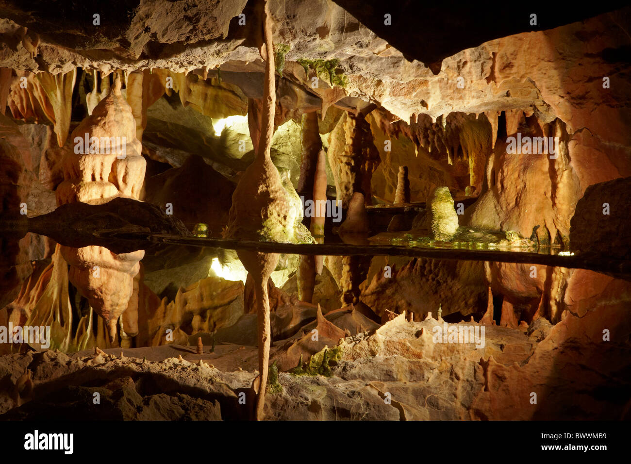 Stalactites and stalagmites reflected in pool, Cox's Cave, Cheddar Caves, Somerset, England, United Kingdom Stock Photo