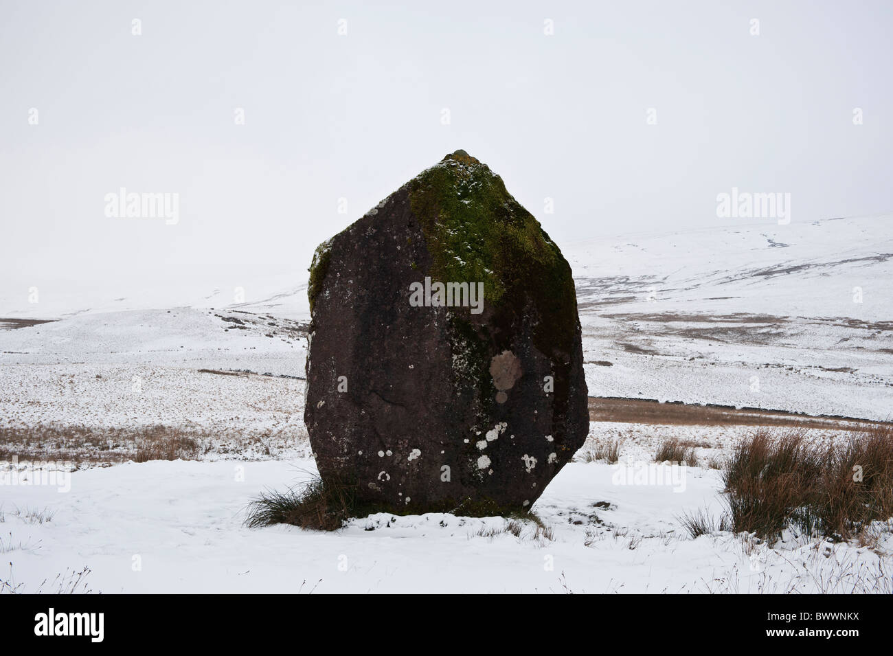 Mean Llia standing stone in winter, Brecon Beacons national park, Wales Stock Photo