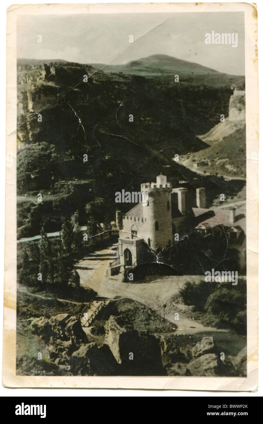 Rock 'Castle' in the vicinity of Kislovodsk. Old postcard. USSR, circa 1956 Stock Photo