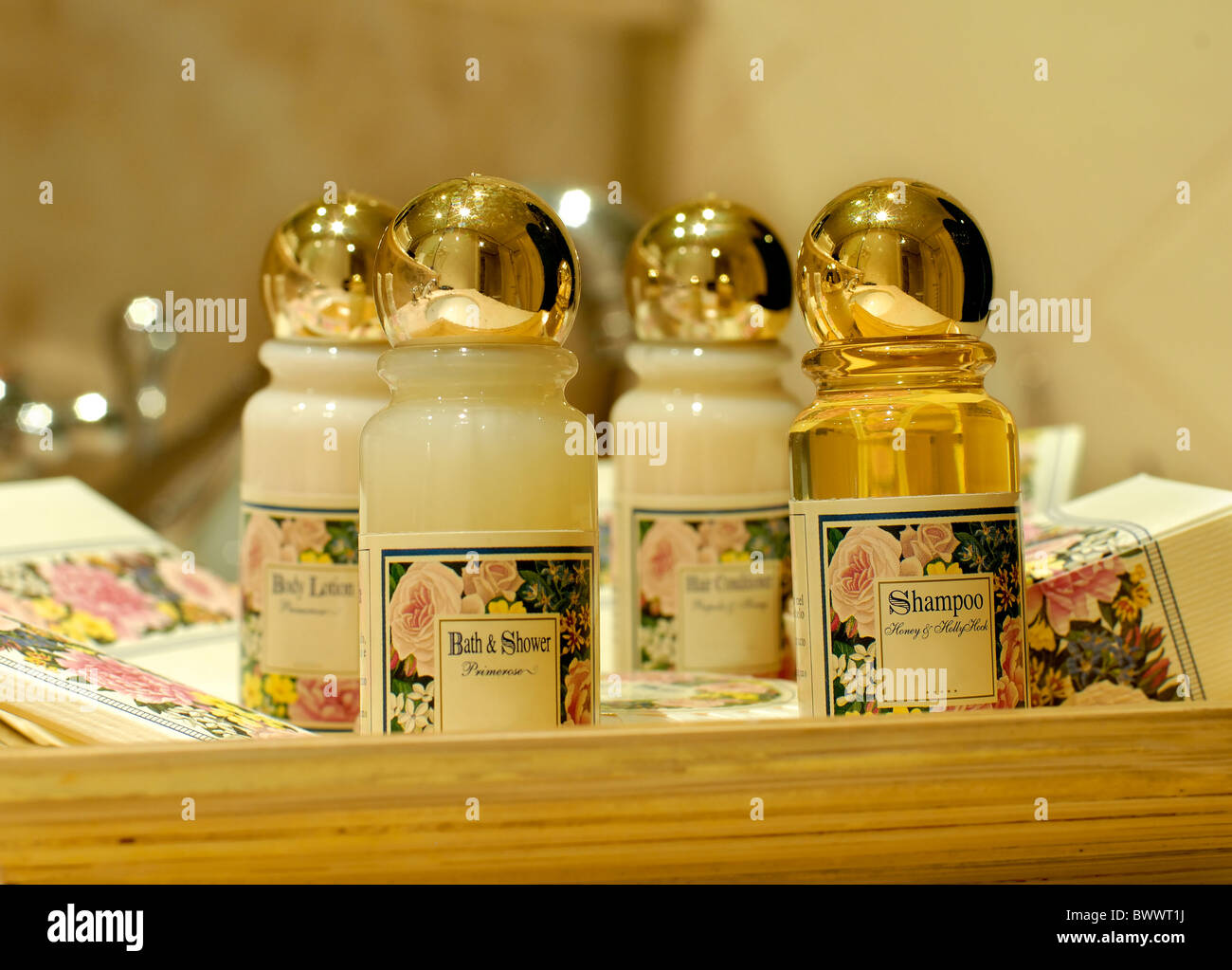 Bath and shampoo in a hotel bathroom Stock Photo