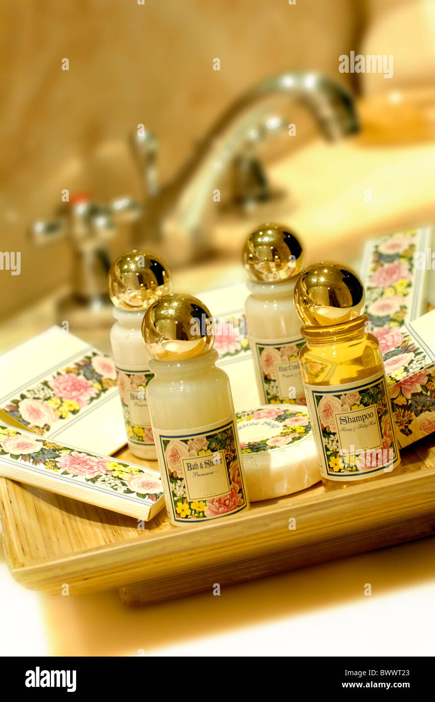 Bath and shampoo in a hotel bathroom Stock Photo