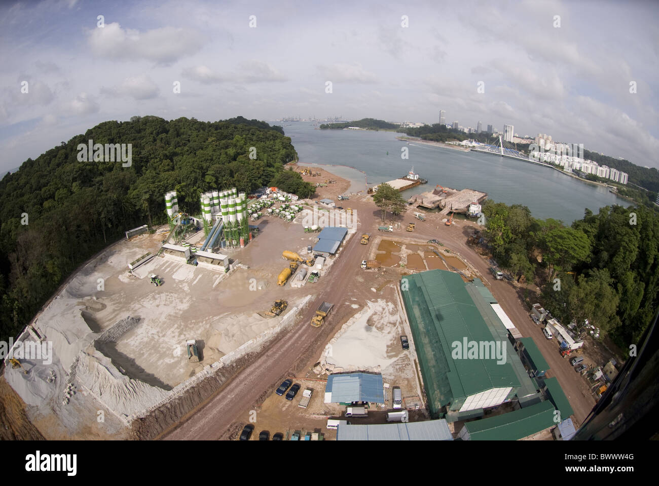 View coastal land reclamation barges Sentosa Stock Photo