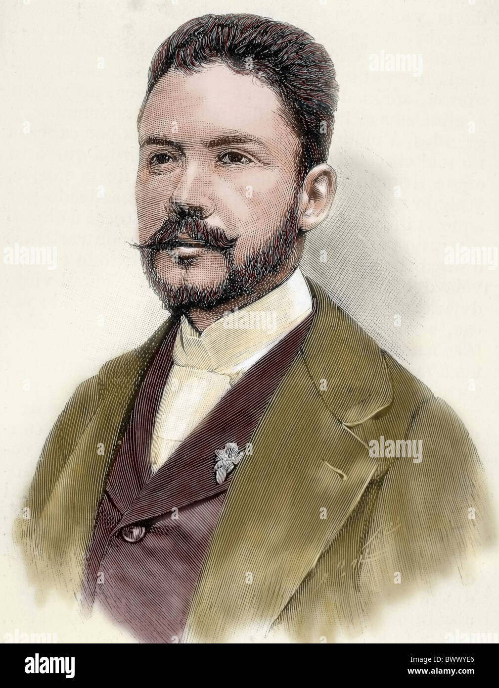 DARIO, Ruben (1867-1916). Nicaraguan poet. Engraving by Carretero. Colored. Stock Photo