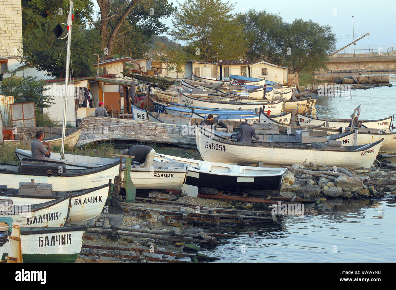 Small fishing boats coastal town harbour Black Stock Photo - Alamy