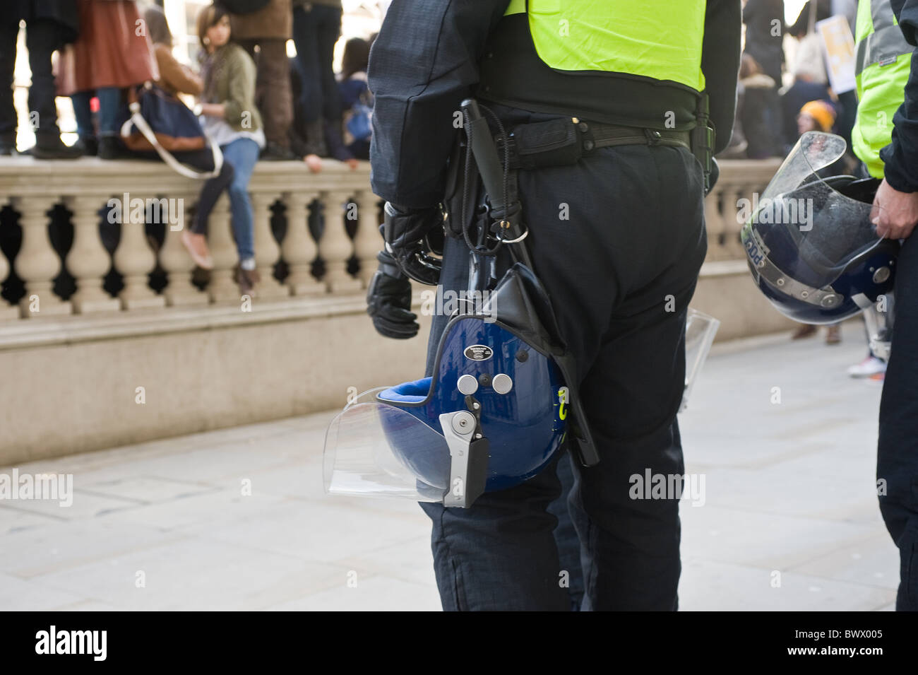 Metropolitan police officers prepared for trouble at a demonstration in London. Stock Photo