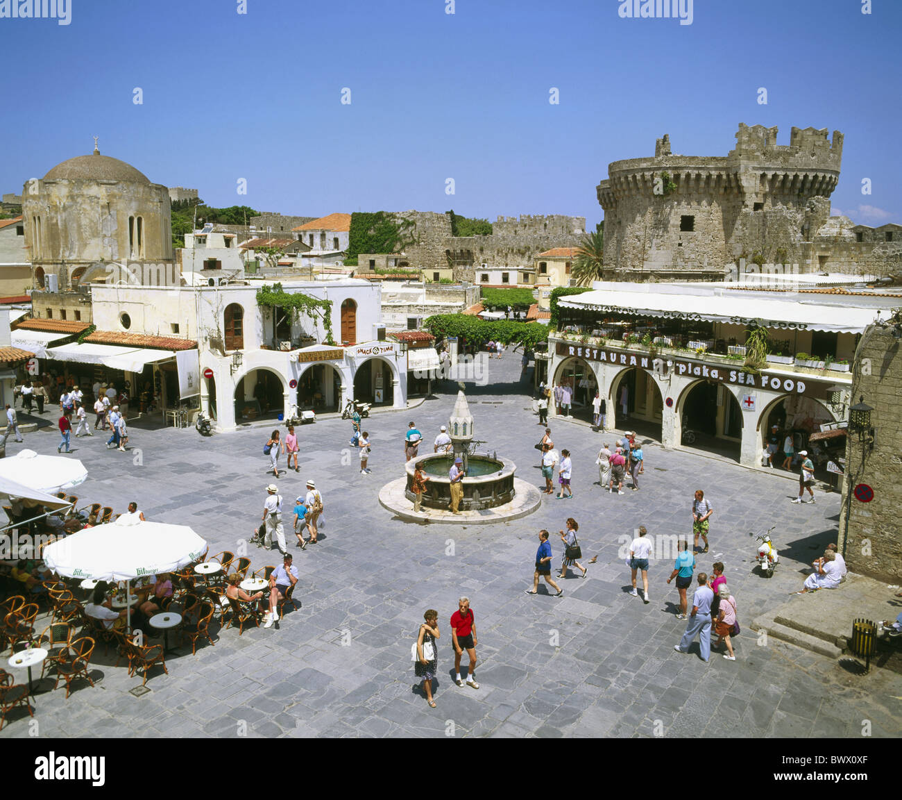 wells Castellania Dodecanes Greece city center place Rhodes overview Stock Photo